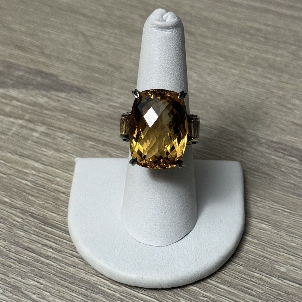 Gems En Vogue 26.4 Ct Canary Citrine Size 8 Cushion Checkerboard Cut Ring - Picture 7 of 10